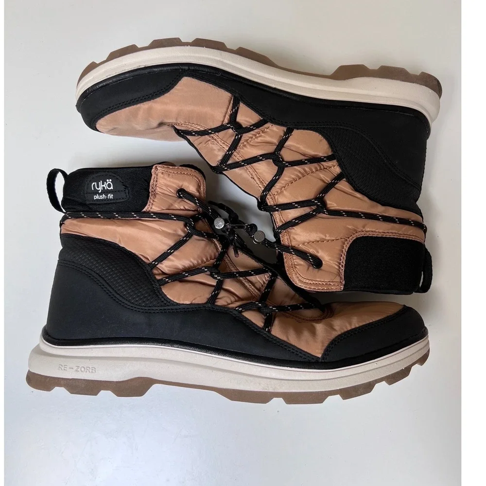 Ryka Brae Womens Winter Boots Tan Black Quilted Water Repellent RE-ZORB Size 10M